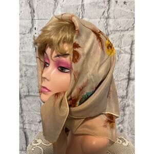 Vintage Polyester Scarf Tan Brown Teal Floral